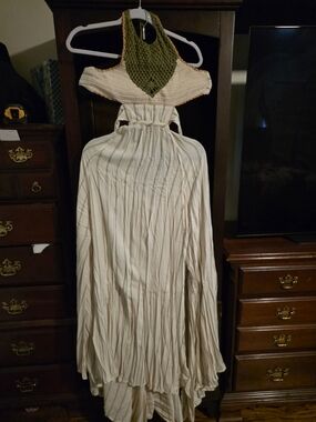 Free People Cream Halter Maxi Dress with Olive Crochet Detail